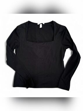 H&M Womens Black Microfiber Square Neck Long Sleeved Top In Size M
